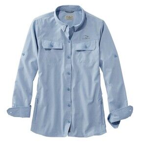 L.L. Bean Shirt Womens SZ LARGE No Fly Zone Long Roll Tab Sleeve Button Up‎ Blue